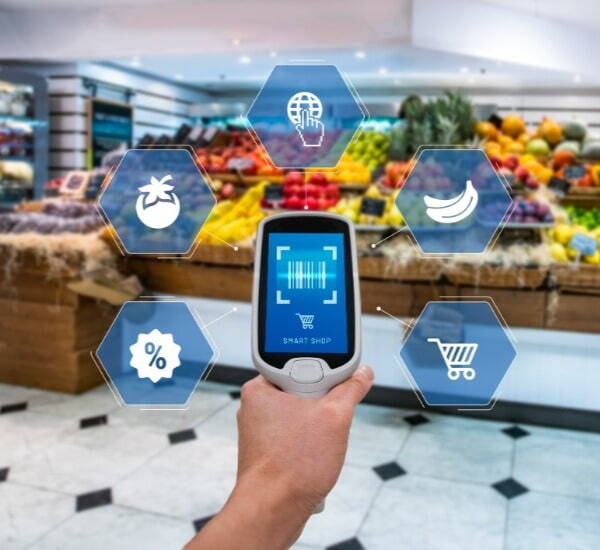 Barcode scanner with food icons surrounding it